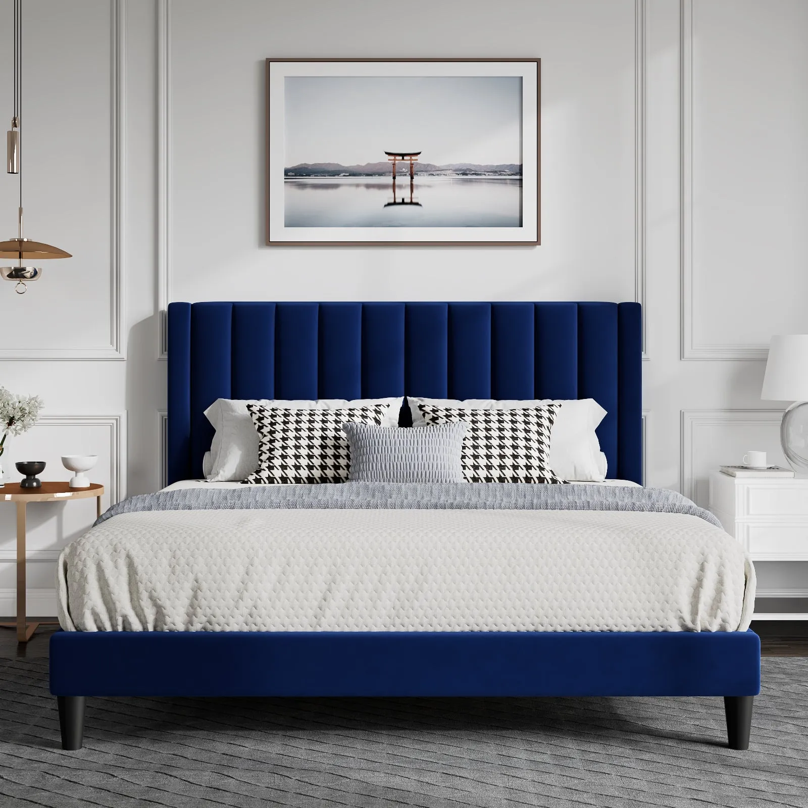 Velvet Bed Frame with Headboard, Strong Wood Slats Support