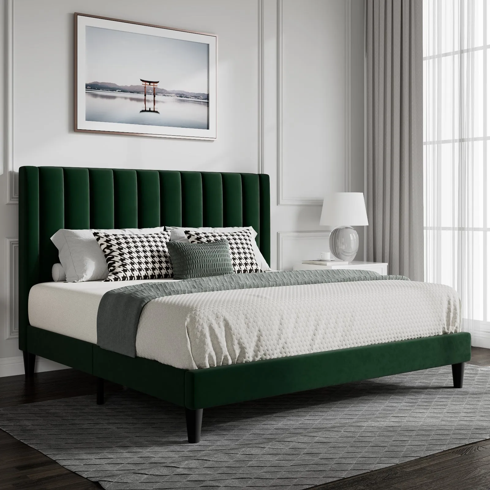 Velvet Bed Frame with Headboard, Strong Wood Slats Support