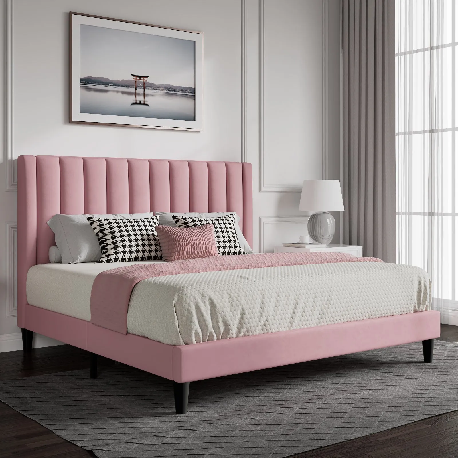 Velvet Bed Frame with Headboard, Strong Wood Slats Support