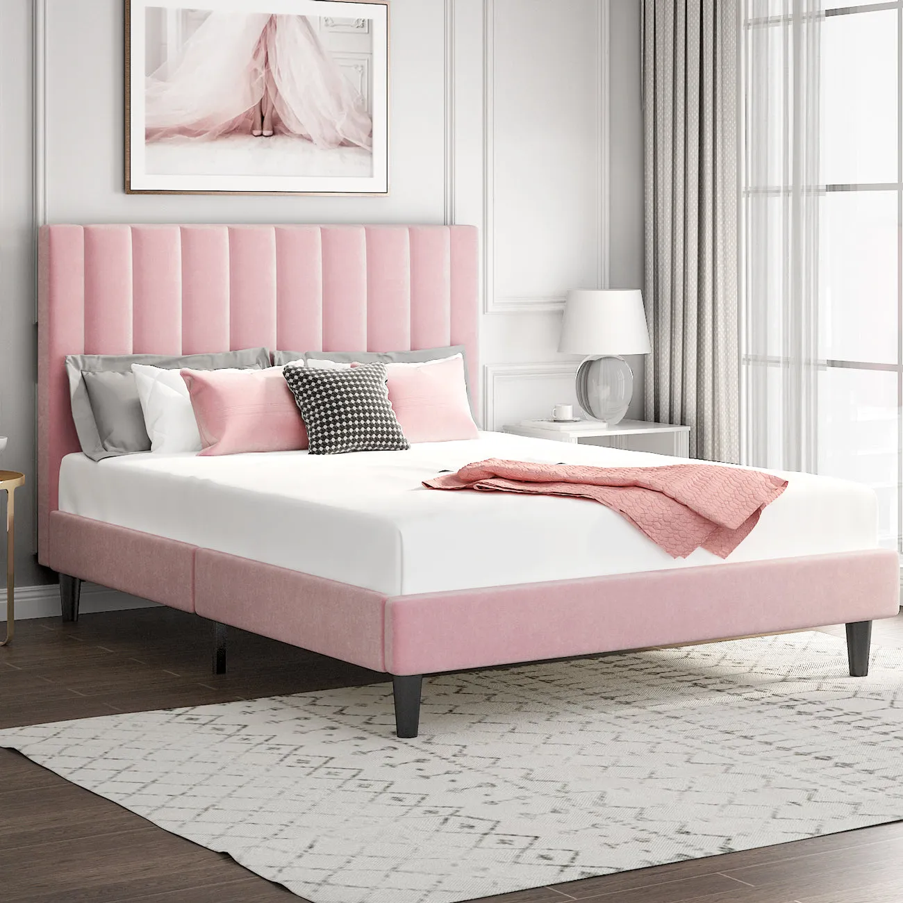 Velvet Bed Frame with Headboard, Strong Wood Slats Support